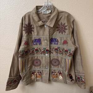 Vintage 90’s Chico’s design Art To Wear 100% Silk Jacket Elephant Birds Sz 2/L